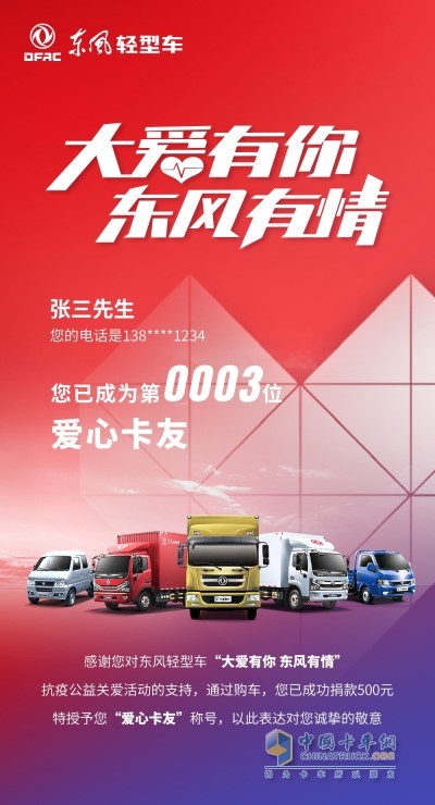 獲得“愛心卡友”榮譽(yù)稱號(hào)，并成為東風(fēng)兄弟俱樂部會(huì)員