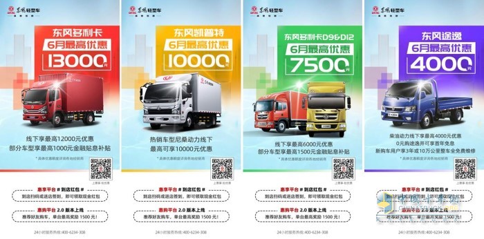 6月購(gòu)買東風(fēng)輕卡不僅全系可享現(xiàn)金優(yōu)惠部分車型還有金融貼息補(bǔ)貼