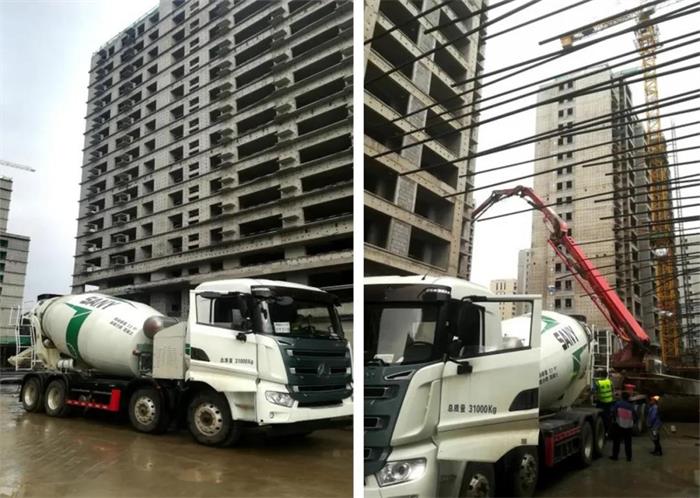 三一重工純電動(dòng)410混凝土攪拌運(yùn)輸車(chē)在施工現(xiàn)場(chǎng)