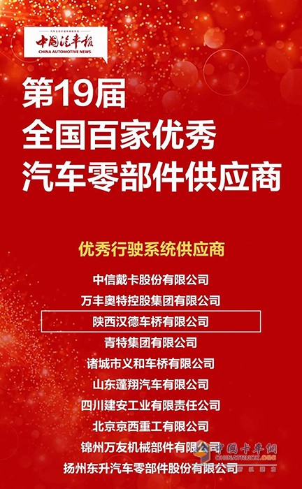 漢德車橋榮獲第19屆全國百家優(yōu)秀汽車零部件供應(yīng)商