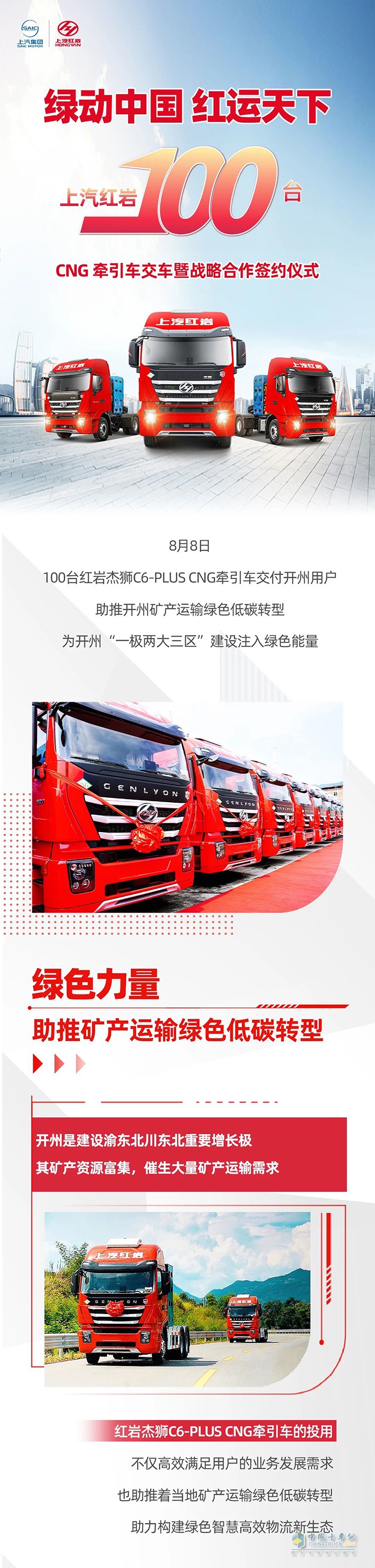 上汽紅巖100臺CNG牽引車交車暨戰(zhàn)略合作簽約儀式圓滿舉行！