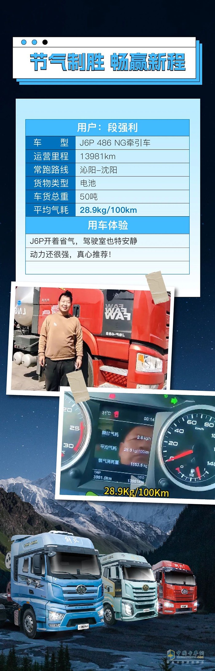 百公里氣耗28.9kg！一汽解放J6P助力段師傅笑傲創(chuàng)富路