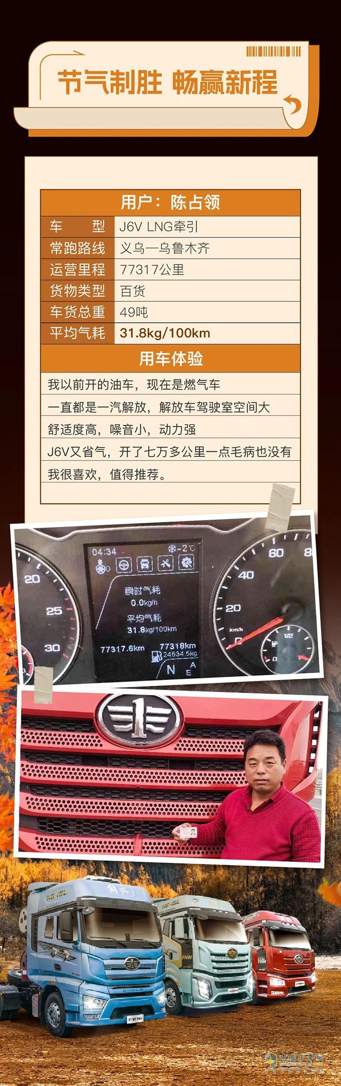 百公里氣耗31.8kg！J6V燃氣牽引硬核實力讓陳師傅十分滿意