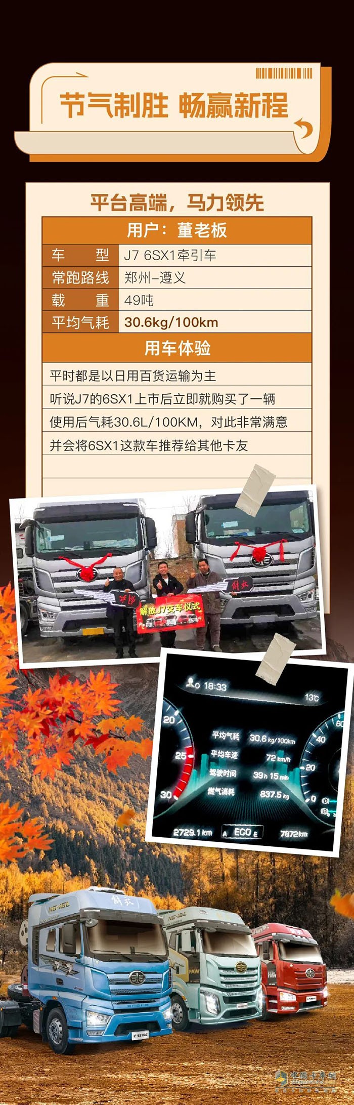 百公里氣耗30.6kg！一汽解放J7 6SX1牽引車助力董老板笑贏致富之路