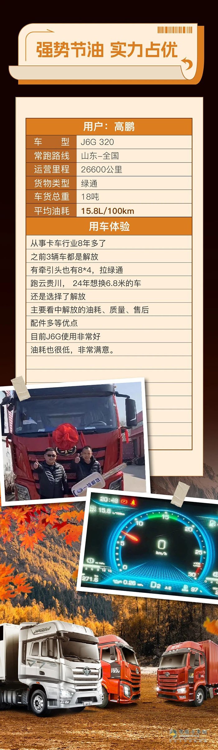 百公里油耗15.8L！一汽解放J6G助高師傅運(yùn)營(yíng)更省心！