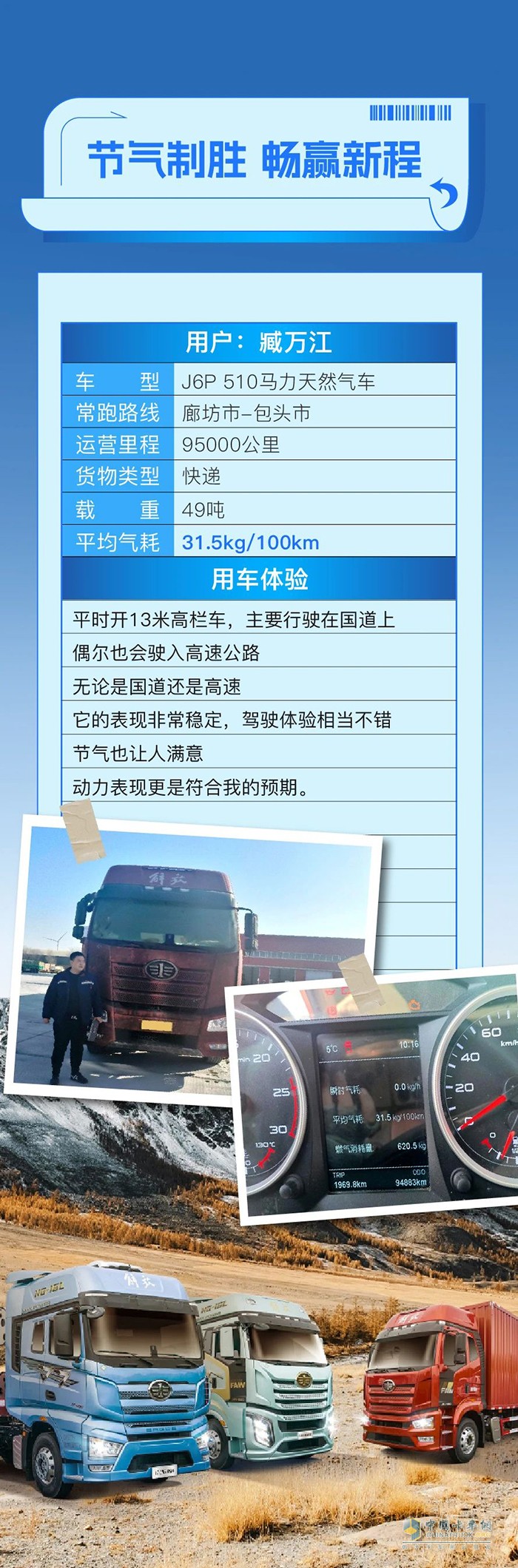 百公里氣耗31.5kg！解放J6P成就臧師傅創(chuàng)富路上每一份期待