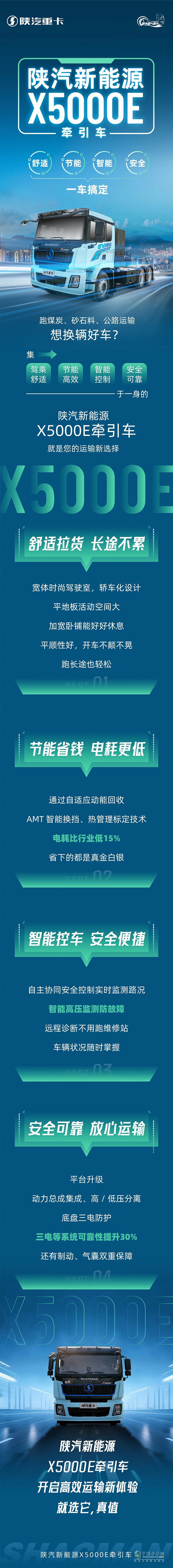 陜汽新能源X5000E牽引車，舒適、節(jié)能、智能、安全，一車搞定！
